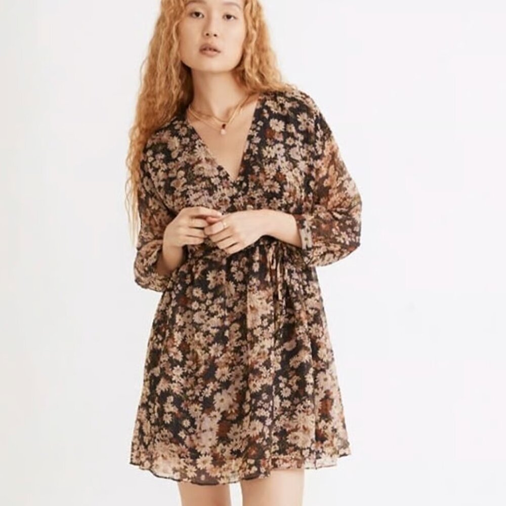 Madewell Drawstring Faux-Wrap Mini Dress in Daisy Reverie XS